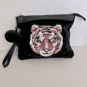 CUTE Y2K LARGE SEQUIN TIGER BLACK POMPOM MINI PURSE tiger AESTHETIC